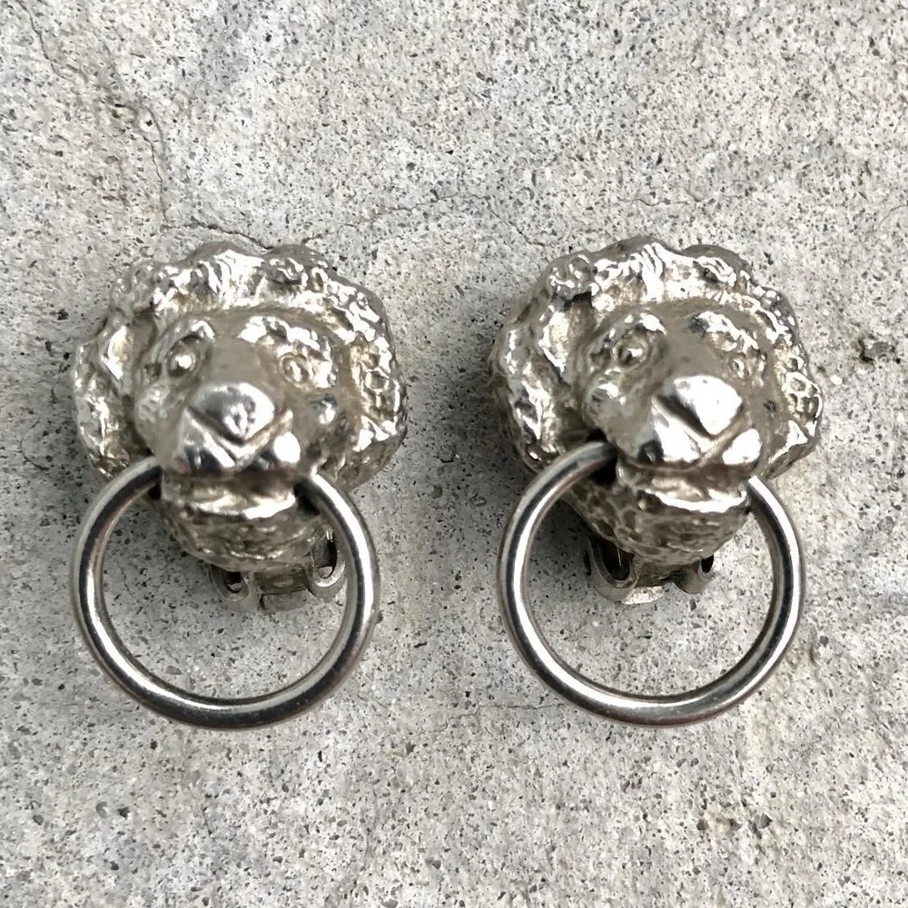Kenneth Jay Lane KJL Vintage Clip On Earrings Lion Head Doorknockers Silver-tone